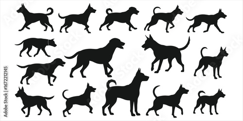 Collection of dog silhouettes in various poses and breeds dogs animal
