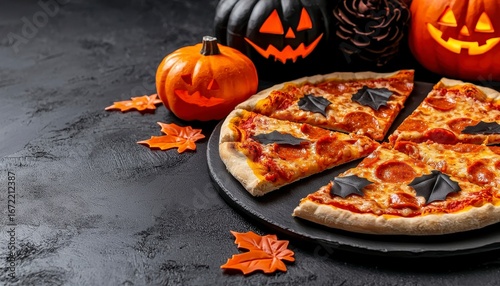 of Tasty Halloween Pizza with Mockup. Pair of yummy october feast flatbread presentation blank template. seasonal culinary creation fright night theme delicious treat.