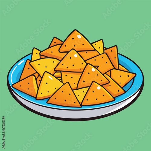 Bowl of crunchy tortilla chips with seasoning on green background nachos snack