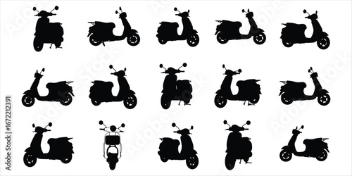 Collection of Scooter Silhouettes in Various Poses on White Background moped vehicle