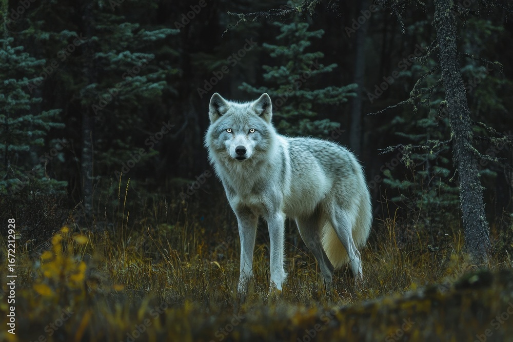 Fototapeta premium A wolf with grey fur stares intently. Use this photo for articles about wildlife.
