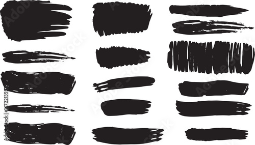 Brush set. Vector black paint brush spots, highlighter lines or felt-tip pen marker. Ink smudge abstract shape stains and smear set with texture