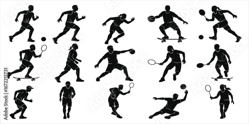 Diverse Sports Silhouettes Featuring Athletes Engaged in Various Activities running jumping
