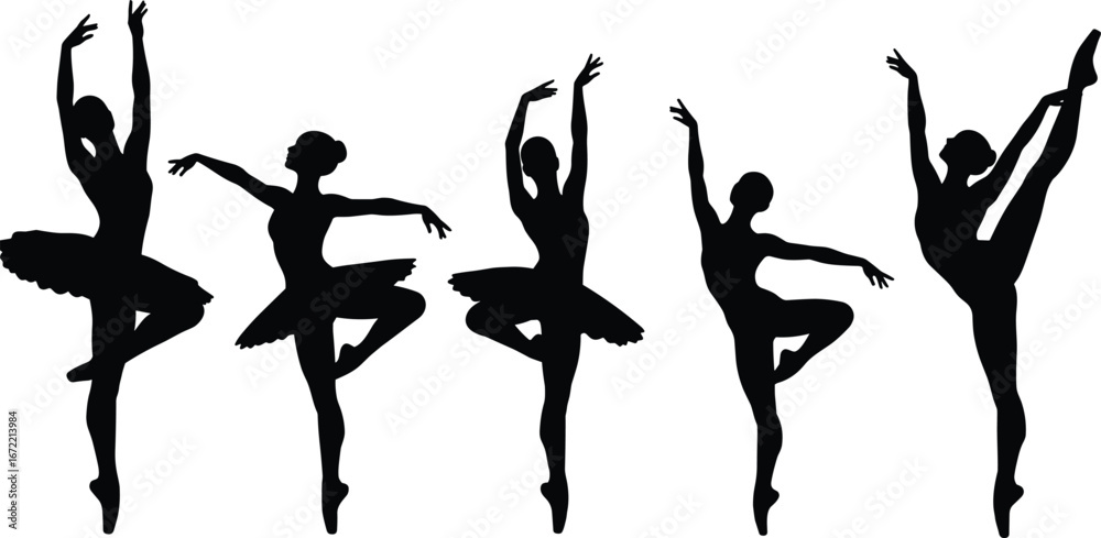 Fototapeta premium Five Black Silhouettes of Ballerinas in Graceful Poses on White Background ballet dancer