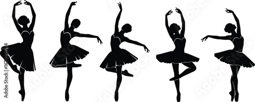 Five Black Silhouettes of Ballerinas in Graceful Poses ballet dancer
