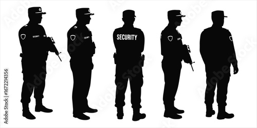 Five Silhouettes of Security Guards with Rifles and Uniforms on White Background weapon