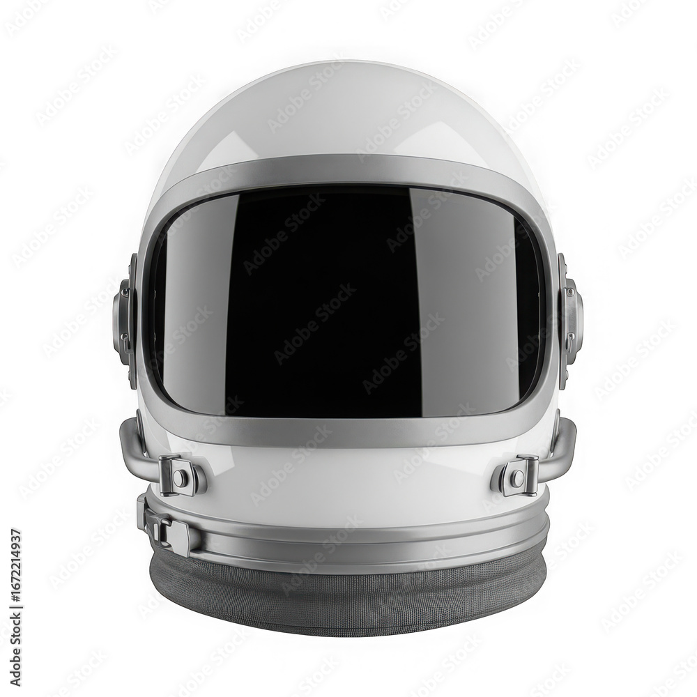 Fototapeta premium Front view of a white astronaut helmet with a dark visor, isolated on transparent background, representing space exploration and futuristic technology