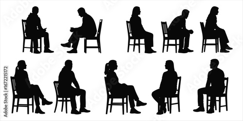 Group of seated people silhouettes in various poses on white background sitting chairs
