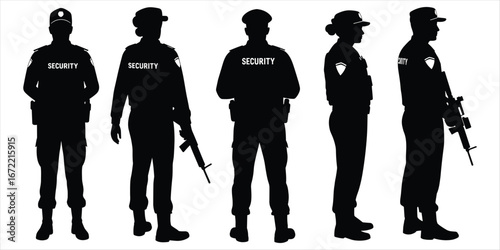 Security guards in uniform with weapons standing in different poses soldier