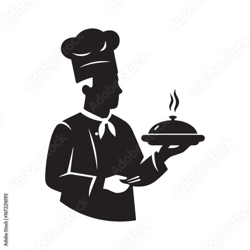  Silhouette with a tall chef’s hat visible on a white background.