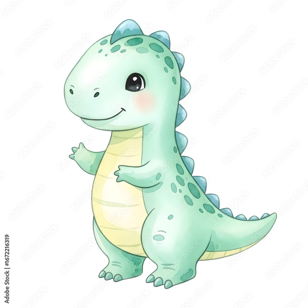Fototapeta premium Cute cartoon dinosaur illustration for kids – adorable green dino with blue spots and friendly smile on white background