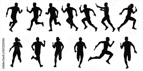 Silhouettes of Athletes Running in a Relay Race with Batons runner