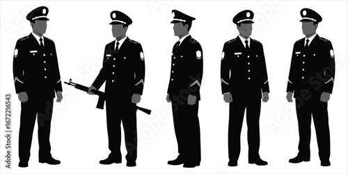 Silhouettes of five police officers in uniform with one holding a rifle security