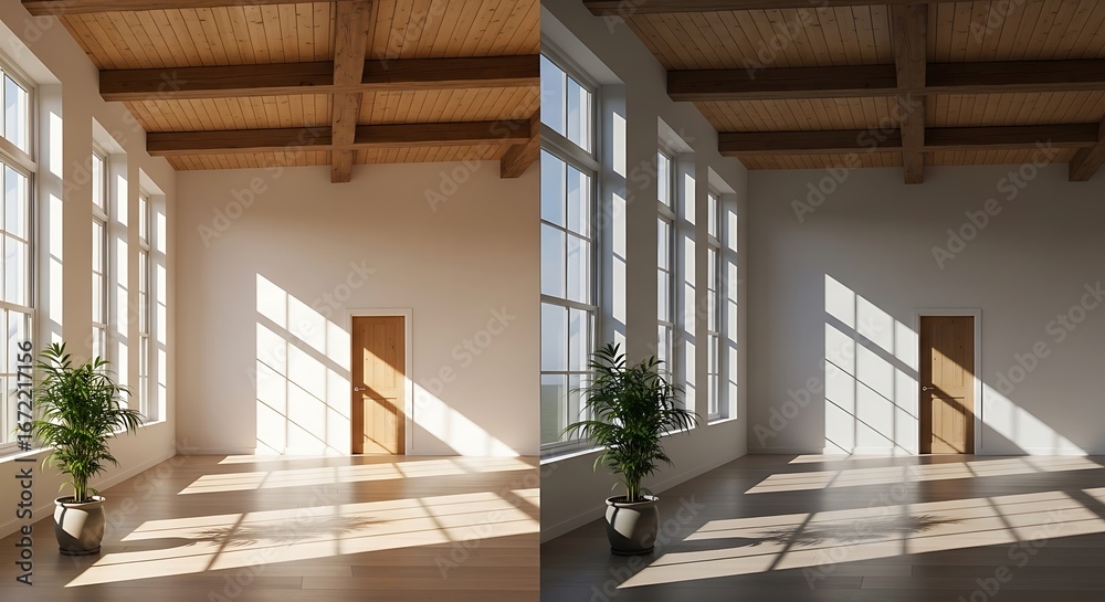 Obraz premium Sunlit interior room with large windows and natural light effects
