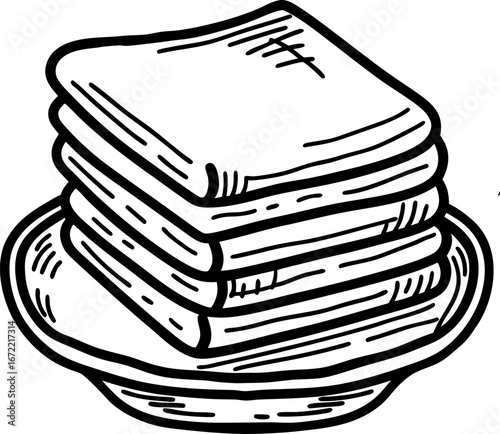 Stack of folded napkins on plate hand drawn simple line art, clean kitchen textile, tableware illustration