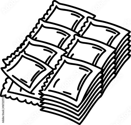 Stacked square ravioli pieces illustration hand drawn italian pasta, uncooked traditional cuisine, black line drawing