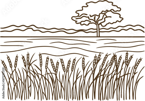 Wheat field landscape with ripening grains, tree and distant hills countryside agriculture, rural harvest scene illustration