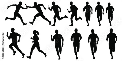 Silhouettes of runners in a relay race and individuals running on white background Keywords: running