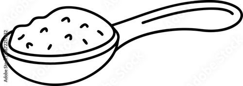 Spoon filled with granulated powder simple outline drawing, food ingredient, culinary measurement, kitchen utensil