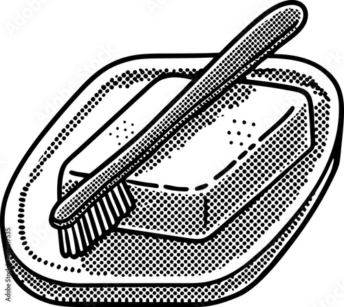 Soap bar with toothbrush on dish vintage black and white etching hygiene, cleaning, bathroom essentials