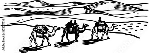 Caravan of camels traveling through desert landscape people riding dromedaries, sand dunes background illustration