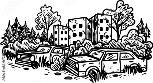 Abandoned cars overgrown with bushes and grass near derelict urban buildings in forested area, hand drawn illustration