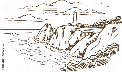 Lighthouse and rocky cliff coast line drawing ocean waves, scenic landscape with beacon and clouds illustration