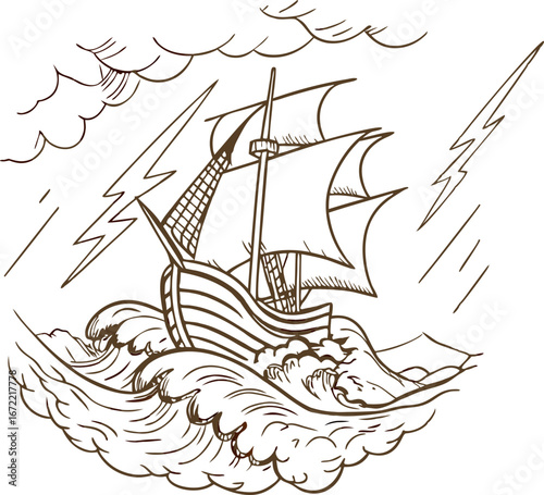 Sailing ship navigating stormy seas with lightning and turbulent waves hand drawn vintage maritime illustration