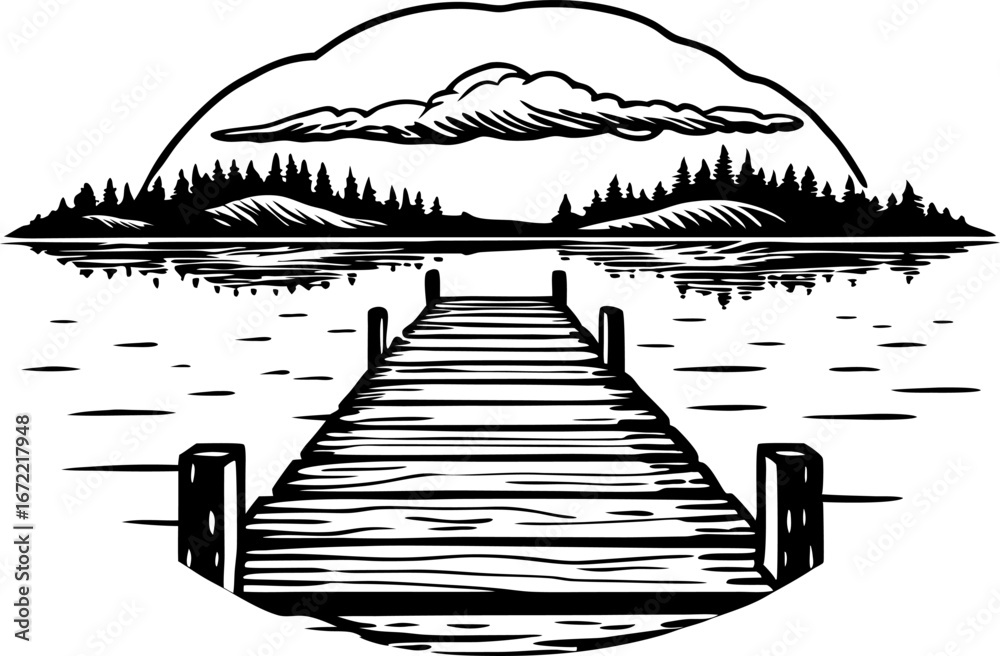 Fototapeta premium Wooden pier extending into calm lake, tranquil landscape with distant forest and reflected sky illustration