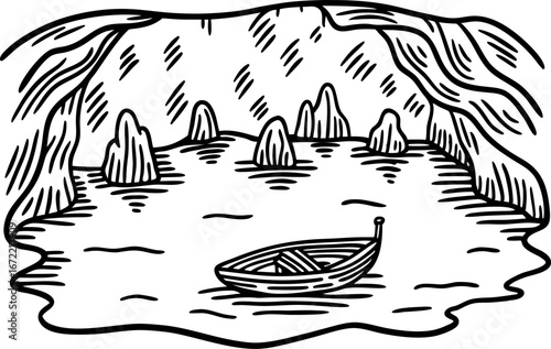 Rowboat floating inside a peaceful cave lake hand drawn illustration with rocky formations and tranquil water surface