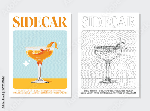 Sidecar cocktails retro posters. Garnished alcoholic beverage graphic print. Popular alcohol drinks. Vintage style vector illustrations, bar, pub, restaurant, kitchen wall art