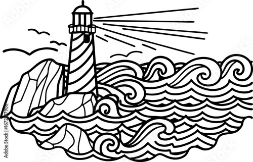 Lighthouse guiding ships through turbulent waves with rocky coastline ocean safety, beacon, maritime storm concept