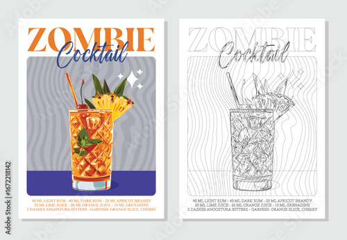 Zombie cocktails retro posters. Garnished alcoholic beverage graphic print. Popular alcohol drinks. Vintage style vector illustrations, bar, pub, restaurant, kitchen wall art