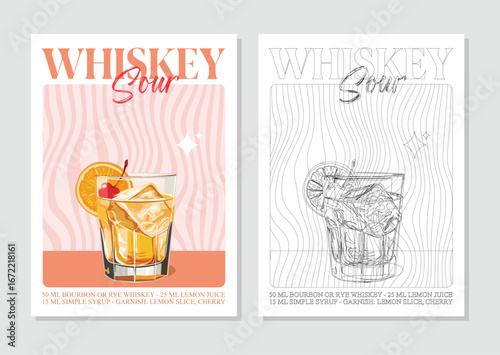 Whiskey sour cocktails retro posters. Garnished alcoholic beverage graphic print. Popular alcohol drinks. Vintage style vector illustrations, bar, pub, restaurant, kitchen wall art