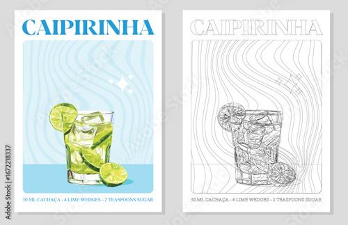 Caipirinha Cocktails retro posters. Garnished alcoholic beverage graphic print. Popular alcohol drinks. Vintage style vector illustrations, bar, pub, restaurant, kitchen wall art