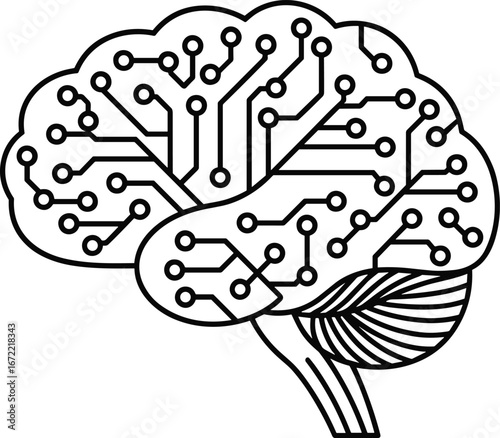 Stylized outline of a human brain with integrated circuit board pathways technology