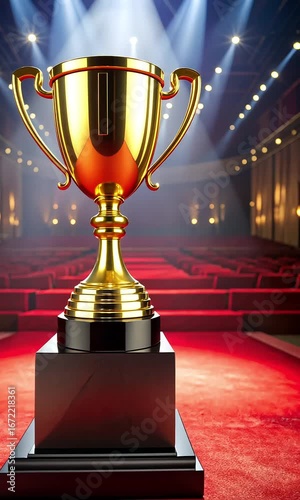 Gold trophy on red carpet under spotlight