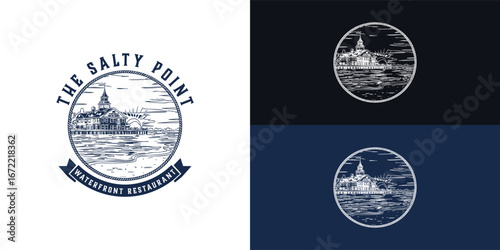 A vintage logo for a Caribbean waterfront restaurant features a hand-drawn illustration of a seaside building, complete with a sun and waves, all enclosed within a rope border and a ribbon banner.