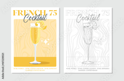 French 75 Cocktails retro posters. Garnished alcoholic beverage graphic print. Popular alcohol drinks. Vintage style vector illustrations, bar, pub, restaurant, kitchen wall art