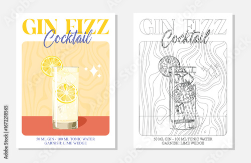 Gin fizz Cocktails retro posters. Garnished alcoholic beverage graphic print. Popular alcohol drinks. Vintage style vector illustrations, bar, pub, restaurant, kitchen wall art
