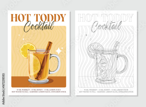 Hot toddy Cocktails retro posters. Garnished alcoholic beverage graphic print. Popular alcohol drinks. Vintage style vector illustrations, bar, pub, restaurant, kitchen wall art