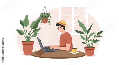 Digital Nomad Working on Laptop in Tropical Cafe Vector Illustration