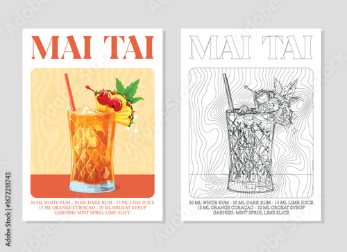 Mai tai Cocktails retro posters. Garnished alcoholic beverage graphic print. Popular alcohol drinks. Vintage style vector illustrations, bar, pub, restaurant, kitchen wall art