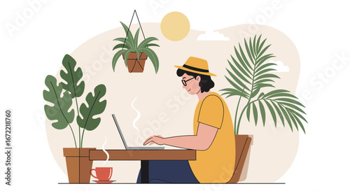 Digital Nomad Working on Laptop in Tropical Cafe Vector Illustration
