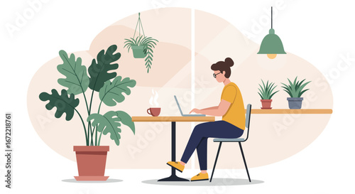 Digital Nomad Working on Laptop in Tropical Cafe Vector Illustration