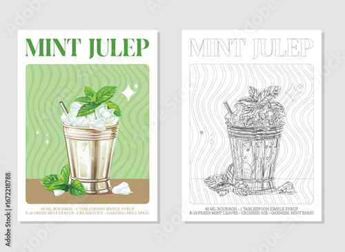 Mint julep Cocktails retro posters. Garnished alcoholic beverage graphic print. Popular alcohol drinks. Vintage style vector illustrations, bar, pub, restaurant, kitchen wall art