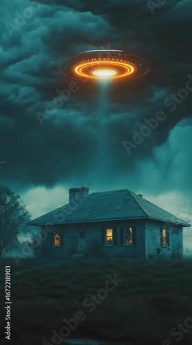 Mysterious ufo encounter over abandoned house nighttime sci-fi scene