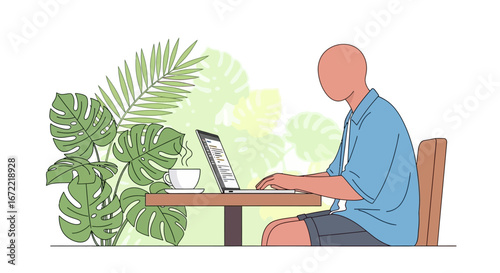 Digital Nomad Working on Laptop in Tropical Cafe Vector Illustration