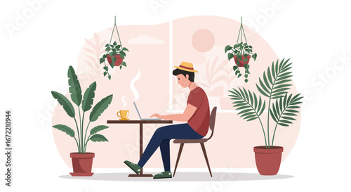 Digital Nomad Working on Laptop in Tropical Cafe Vector Illustration