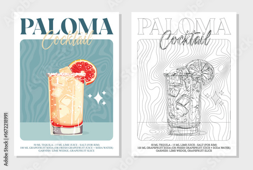 Paloma cocktails retro posters. Garnished alcoholic beverage graphic print. Popular alcohol drinks. Vintage style vector illustrations, bar, pub, restaurant, kitchen wall art
